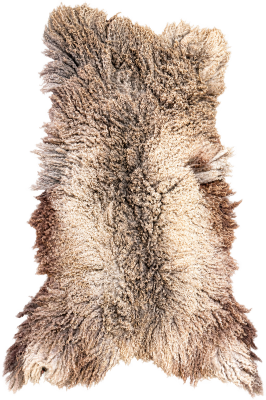 Natural multi-toned curly felted  rug with dense curls and flowing locks in cream, ivory, beige, taupe, grey and rich brown.