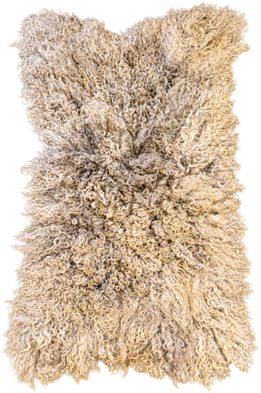 Natural curly fleece sheepskin rug in cream, ivory, beige and soft grey tones, showing dense, luxurious natural curls.