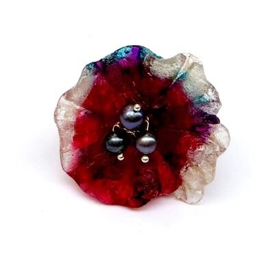 Bague réglable Fleur Rouge et Perles de Culture Noires