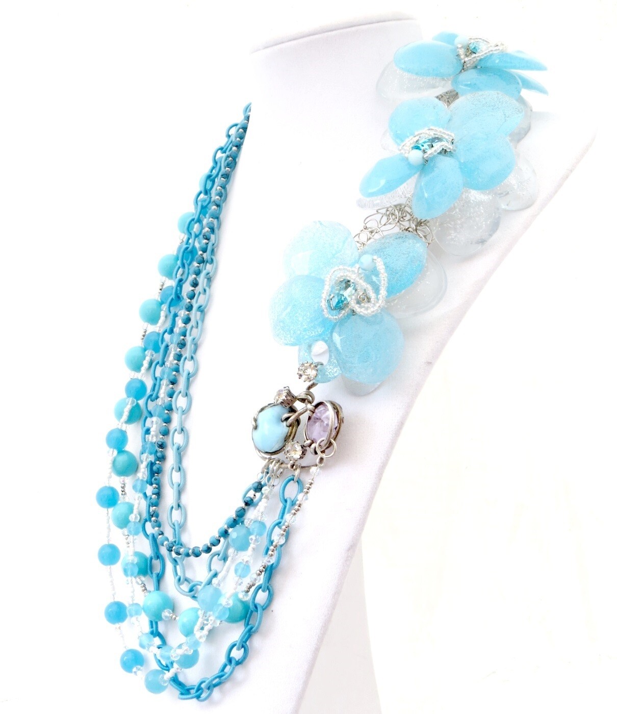 Collier Plastron en Pierres Fines Haute Couture anémone Bleu ciel
