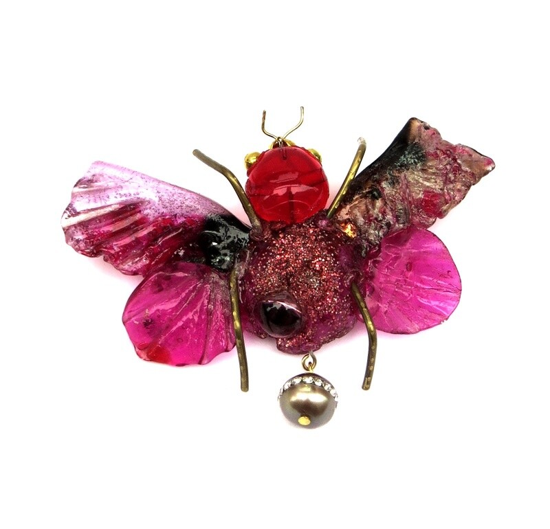 Broche Insecte Rouge/Fuchsia et Perle de Culture