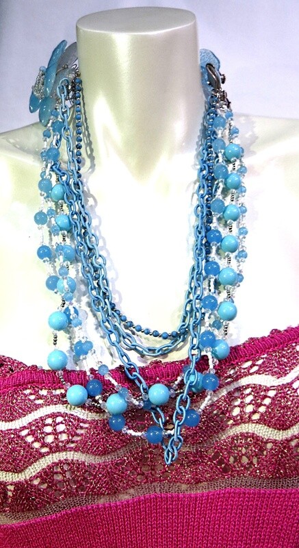 Collier Haute Couture, anémone bleu ciel