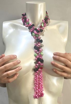 Sautoir cravate en perles de culture ROSE 3 en 1