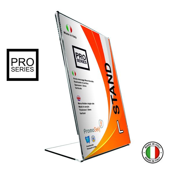 L STAND | PRO | DIN | porta messaggio, DIMENSIONE: A4 | 21x29.7 cm (spess 2mm), ORIENTAMENTO: VERTICALE