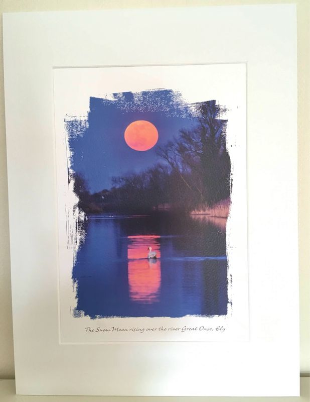 Art Print - Snow Moon rising over the river Great Ouse in Cambridgeshire.