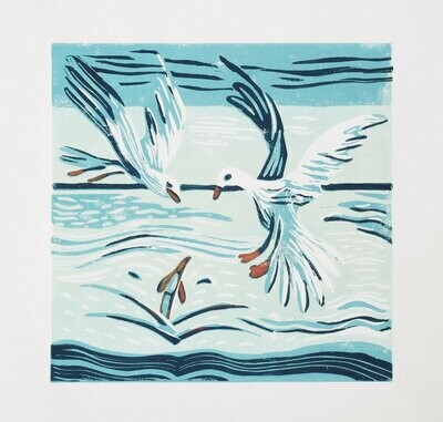 Seagulls and Fish I lino print