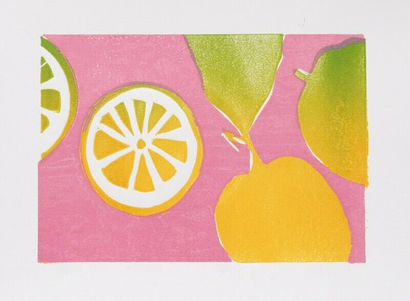 Spanish Lemons lino-print (pink)