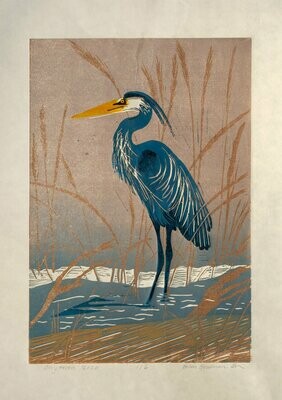 Grey Heron lino print