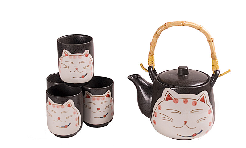 1:4 TEA SET W/STNR &amp; WDN HNDL CAT BK TPS113