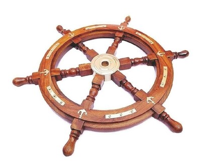Ship Wheel With Solid  Wooden Handles With Metal Anchors And Brass Plates On The Rim