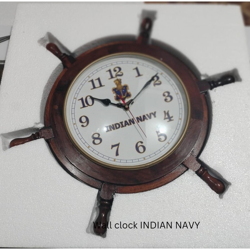 Indian Navy wooden wall clock with steering wheel