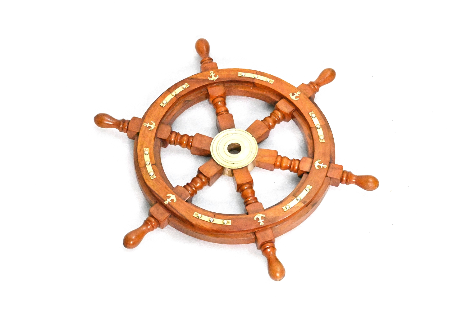 Ship Wheel With Solid  Wooden Handles With Metal Anchors And Brass Plates On The Rim