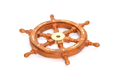 Ship Wheel With Solid  Wooden Handles With Metal Anchors And Brass Plates On The Rim