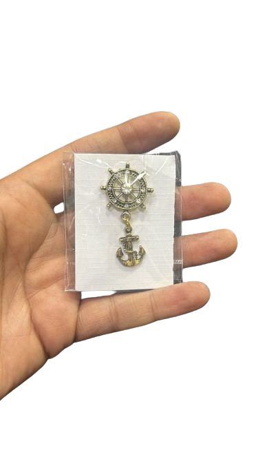 Ship Wheel Broach With White Stones With Hanging Anchor Golden Finish