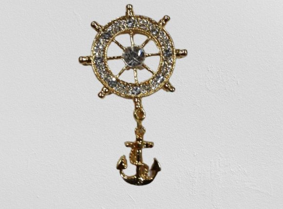 Ship Wheel Broach With White Stones With Hanging Anchor Golden Finish