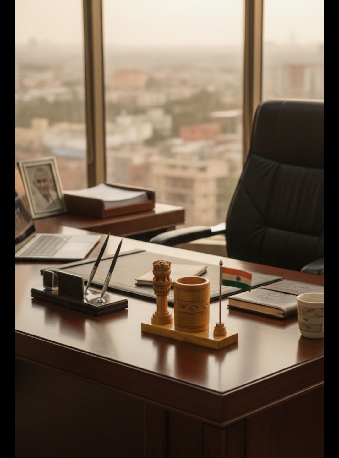 Wooden ashoka stumbh pen stand and flag