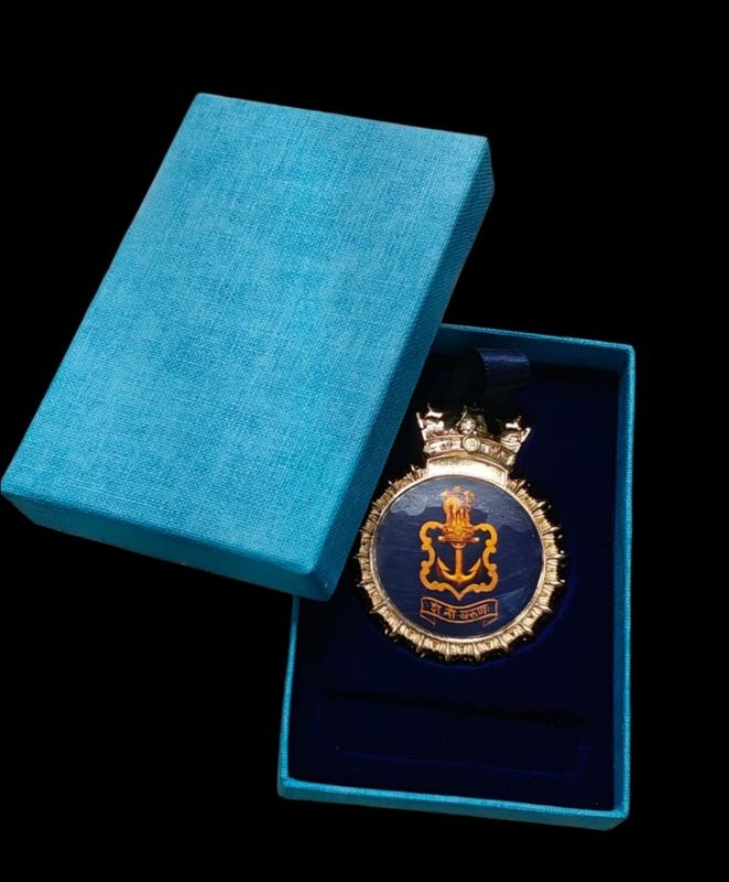Indian Navy crest in blue velvet gift box