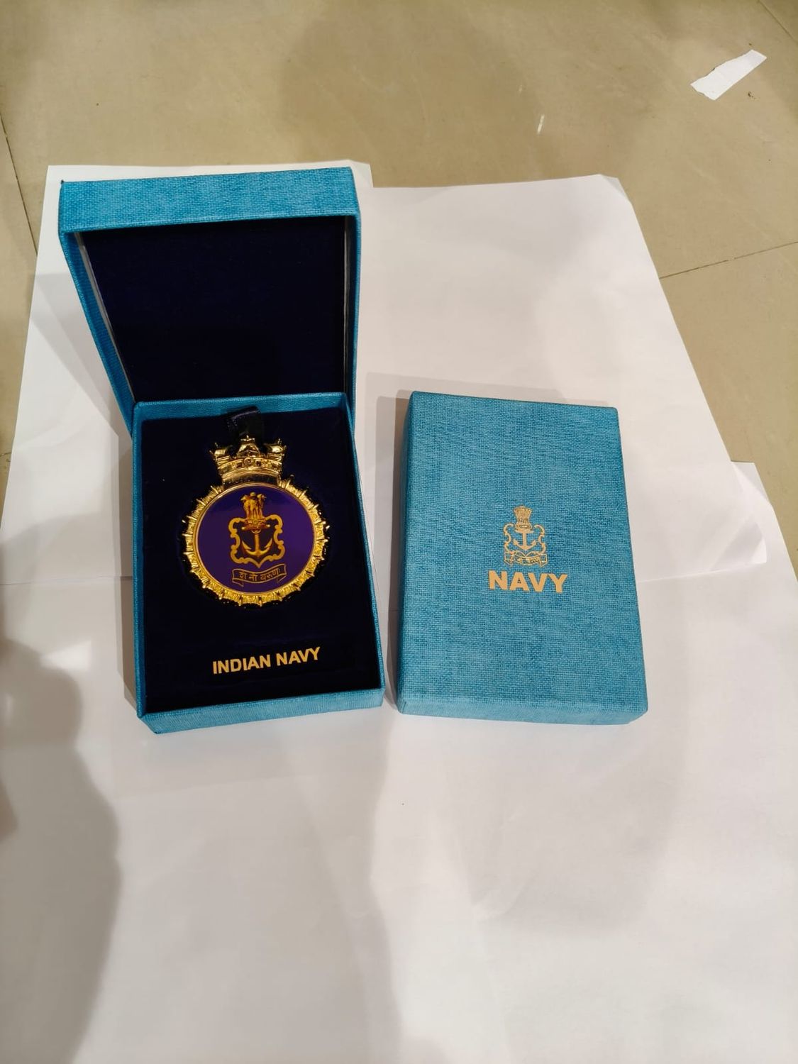 Indian Navy crest in blue velvet gift box