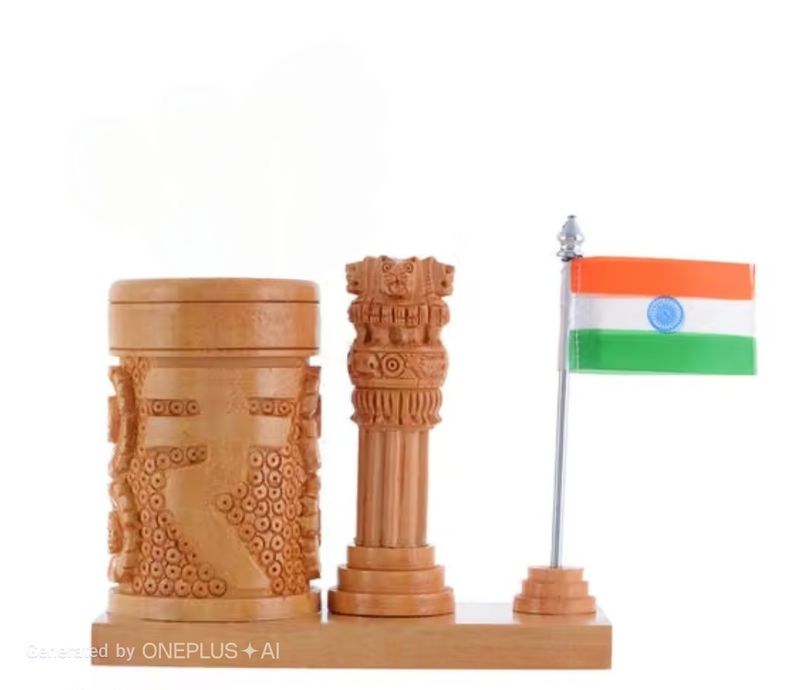 Wooden pen stand with india flag and Rupee symbol