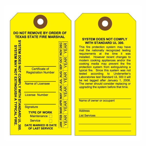 : Texas Fire Extinguisher Yellow Kitchen Hood Notification Tags