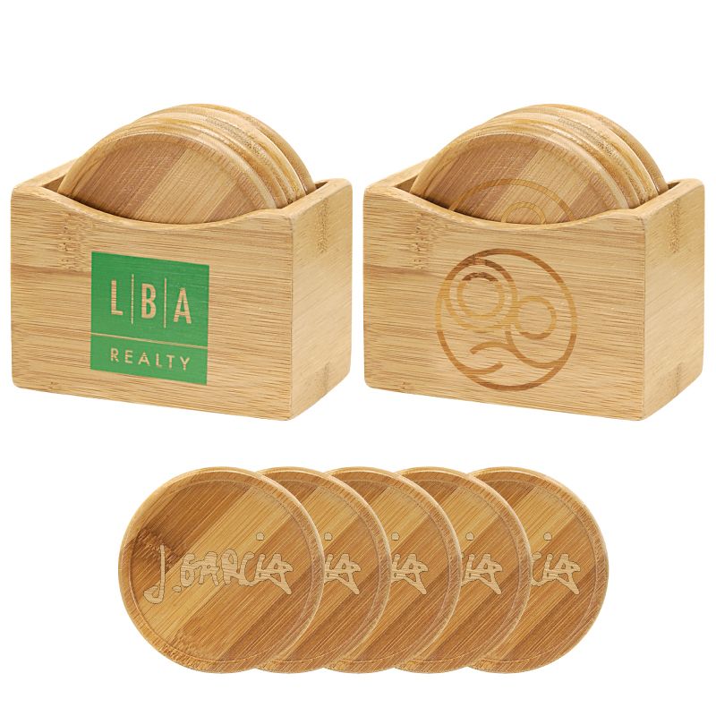 5 Piece Bamboo Coaster Set w/ Coaster Stand 5 Piece Bamboo Coaster Set w/ Coaster Stand