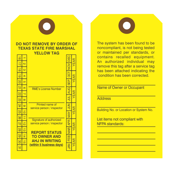 : Texas Fire Sprinkler Yellow Noncompliant Inspection Tags : Texas Fire Sprinkler Yellow Noncompliant Inspection Tags