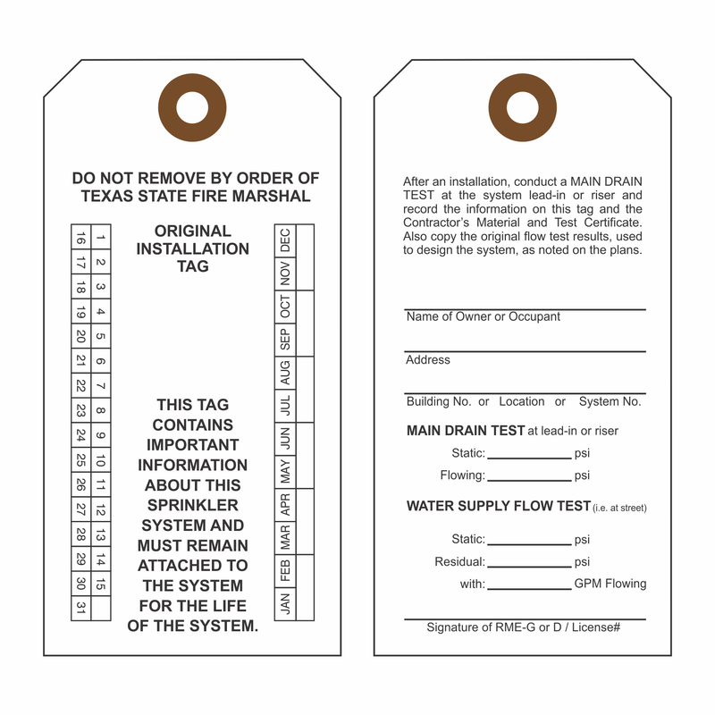 : Texas Fire Sprinkler Installation Inspection Tags
