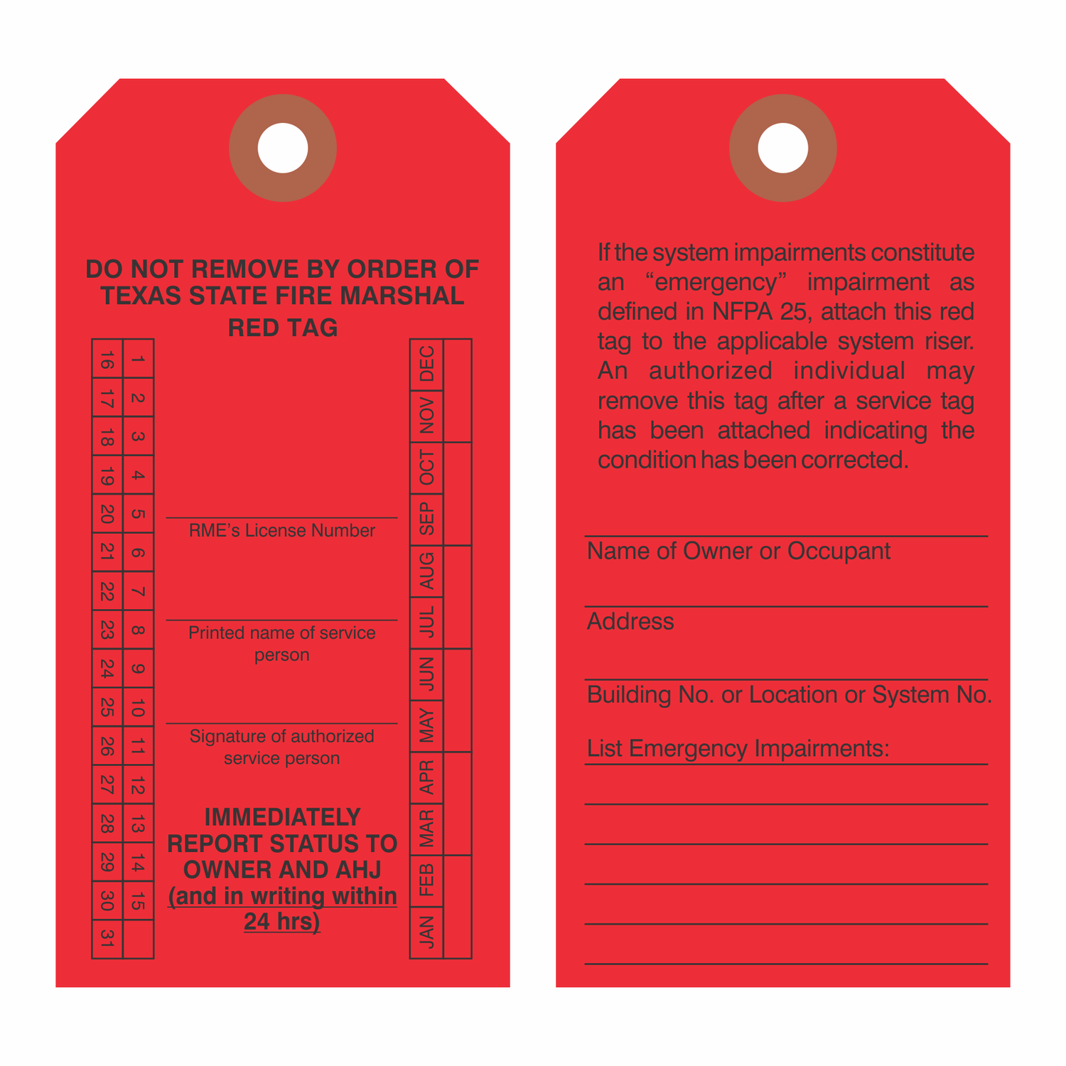 : Texas Fire Sprinkler Red Impairment Inspection Tags : Texas Fire Sprinkler Red Impairment Inspection Tags