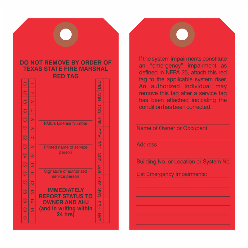 : Texas Fire Sprinkler Red Impairment Inspection Tags