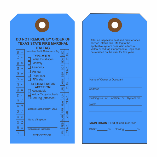: Texas Fire Sprinkler Blue ITM Inspection Tags