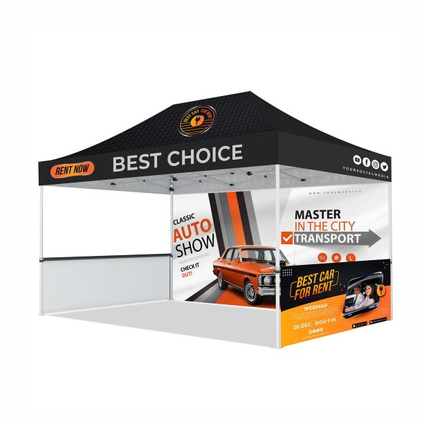:   10' x 15' Custom Printed Pop Up Tent  w/ Back Full Wall and Two Half Walls