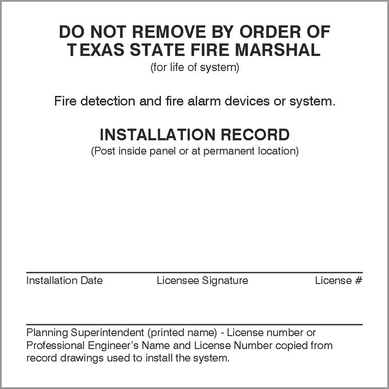 : Texas Alarm System White Installation Record Labels