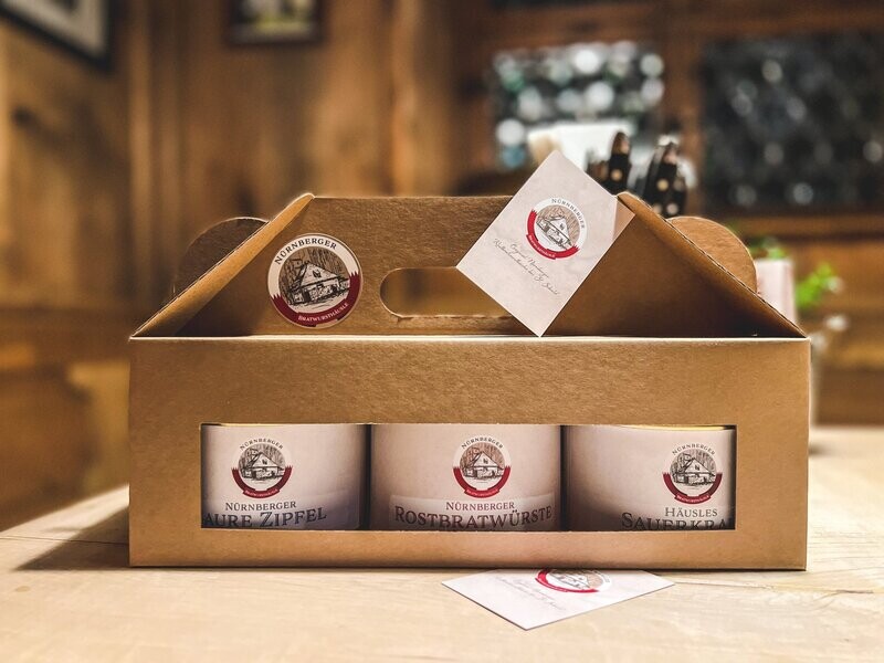 Geschenkbox - 15 Originale Nürnberger Bratwürste & Häusles Sauerkraut & 10 "Saure Zipel"