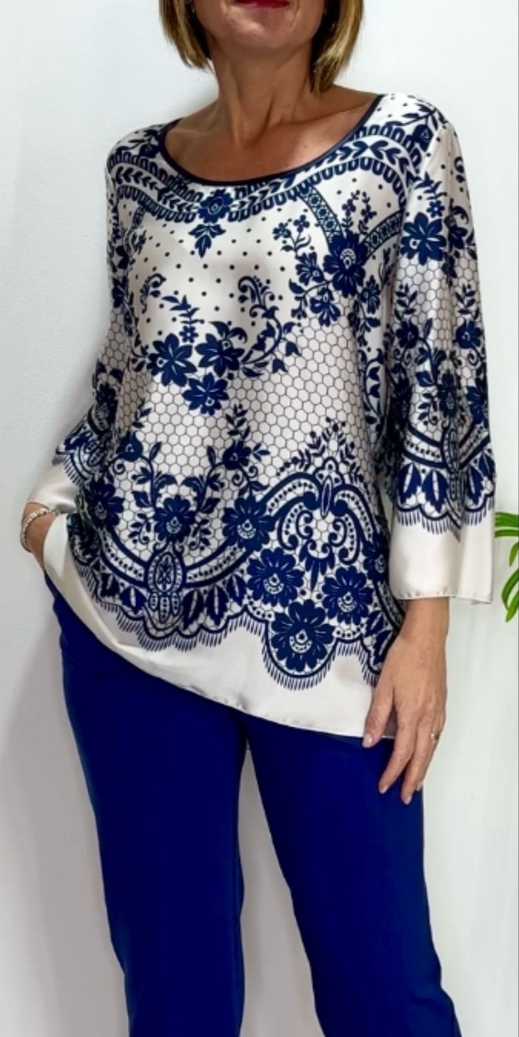 Casacca blusa in raso fantasia stampata pizzo