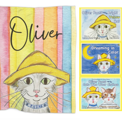NEW! Book and Blanket Gift Set - Oliver Poons Children's Character Blanket Plus a Hardcover Book of Your Choice, Signed By the Author