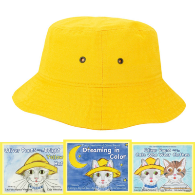 Book & Bucket Hat Gift Set - Bright Yellow 100% Cotton Bucket Hat Plus a Hardcover Book of Your Choice, Signed By the Author