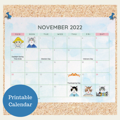 Oli Kids Co November 2022 Printable Calendar, Downloadable Calendar, Cat Calendar, Instant Download, Print at Home