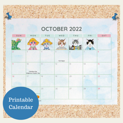 Oli Kids Co October 2022 Printable Calendar, Downloadable Calendar, Cat Calendar, Instant Download, Print at Home