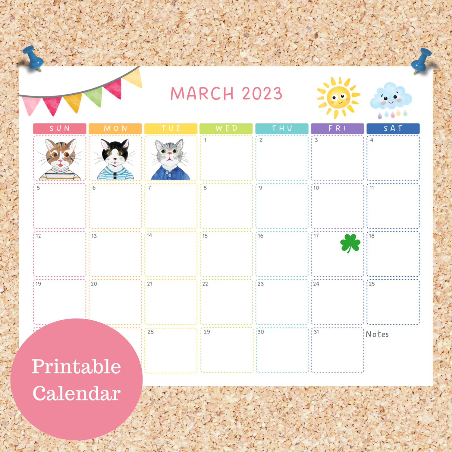 Oli Kids Co March 2023 Printable Calendar, Downloadable Calendar, Cat Calendar, Instant Download, Print at Home