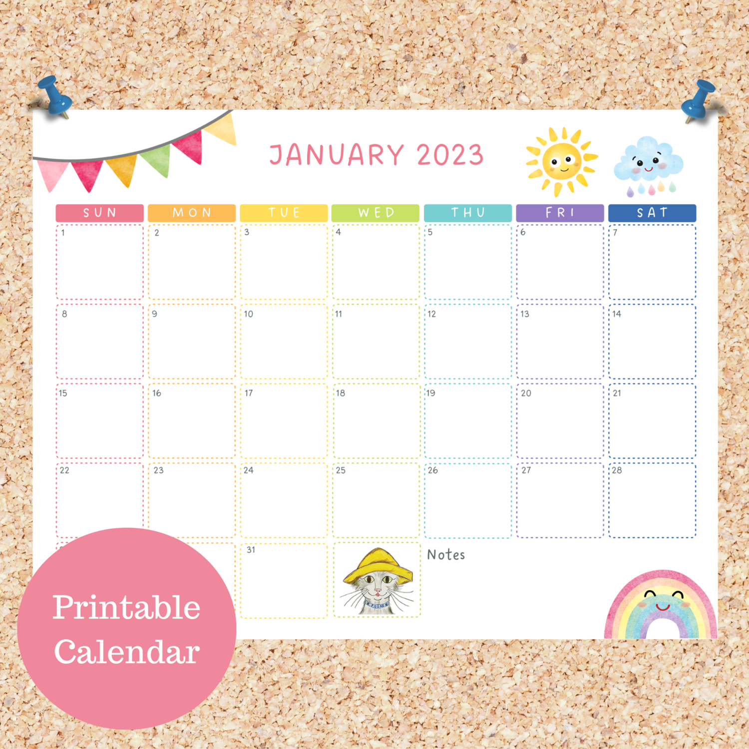 Oli Kids Co January 2023 Printable Calendar, Downloadable Calendar, Cat Calendar, Instant Download, Print at Home