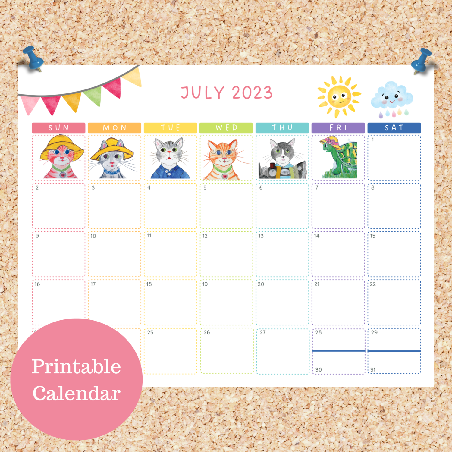 Oli Kids Co July 2023 Printable Calendar, Downloadable Calendar, Cat Calendar, Instant Download, Print at Home