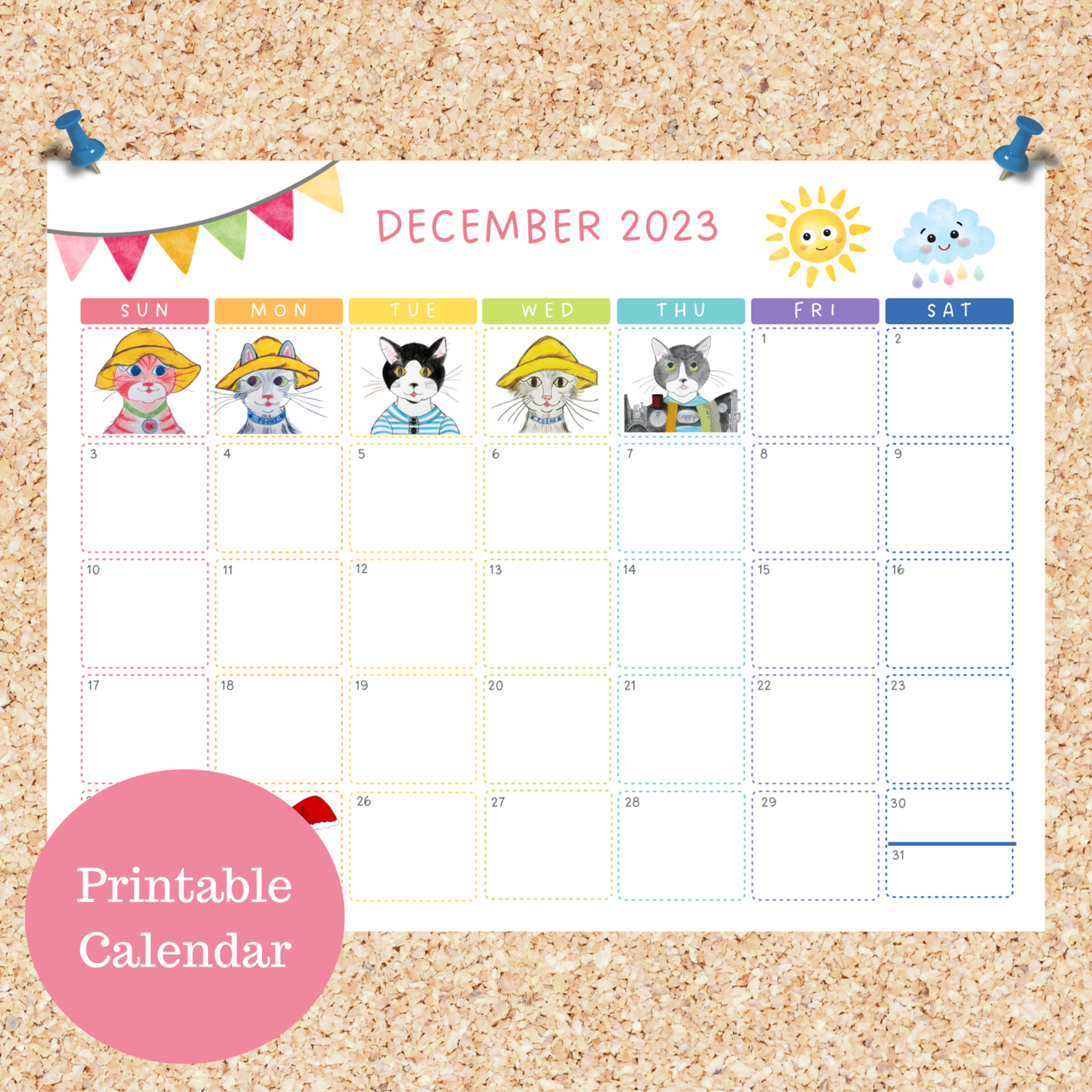 Oli Kids Co December 2023 Printable Calendar, Downloadable Calendar, Cat Calendar, Instant Download, Print at Home