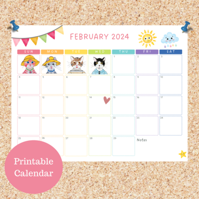 Oli Kids Co February 2024 Printable Calendar, Downloadable Calendar, Cat Calendar, Instant Download, Print at Home