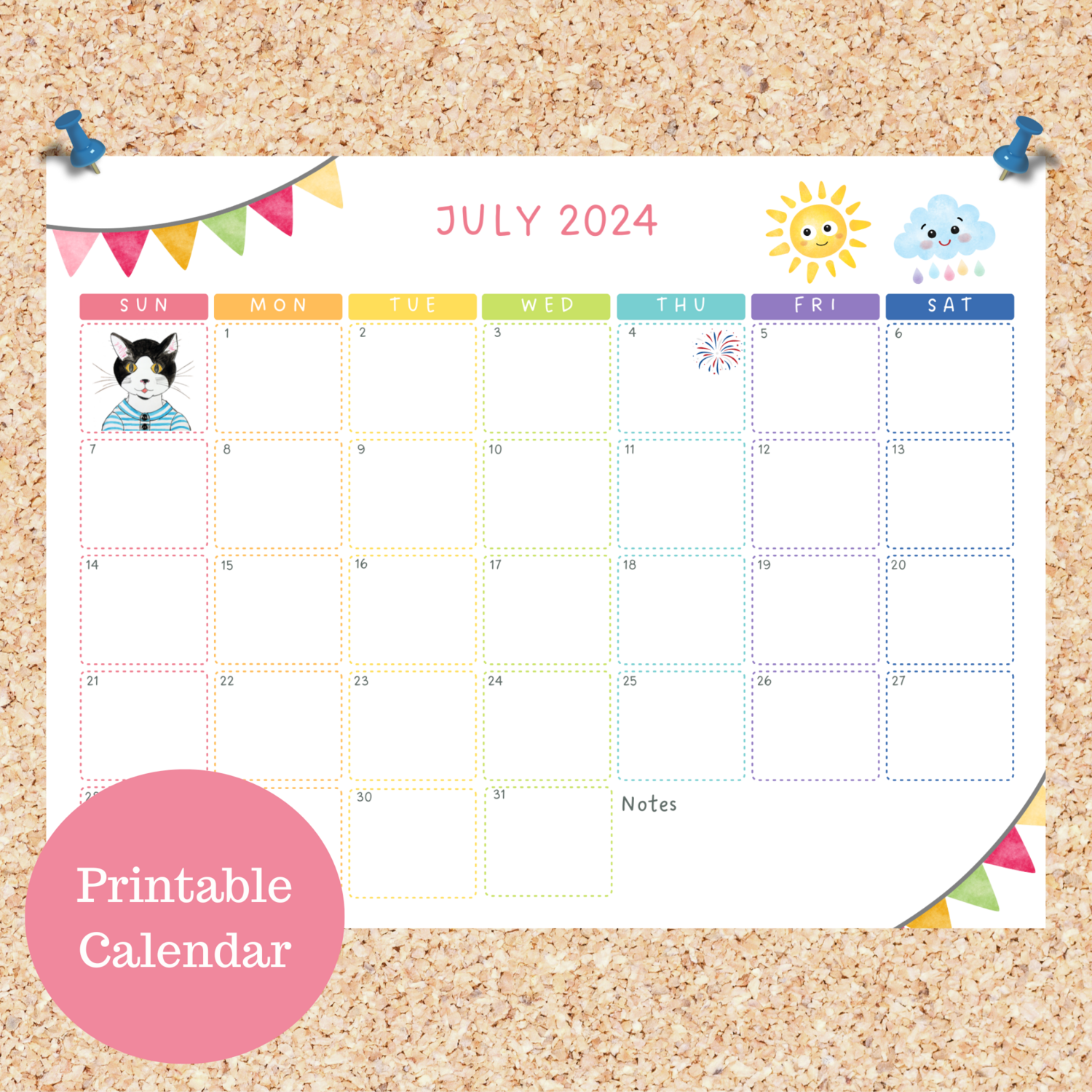 Oli Kids Co July 2024 Printable Calendar, Downloadable Calendar, Cat Calendar, Instant Download, Print at Home