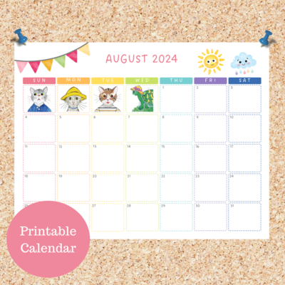 Oli Kids Co August 2024 Printable Calendar, Downloadable Calendar, Cat Calendar, Instant Download, Print at Home
