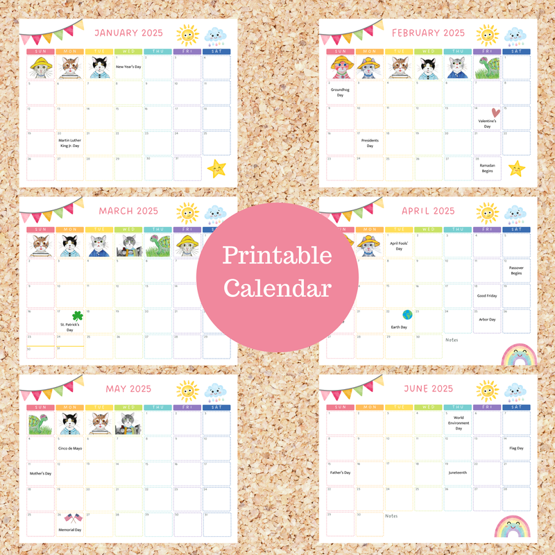 Oli Kids Co 2025 Printable Calendar, Downloadable Calendar, Cat Calendar, Instant Download, Print at Home