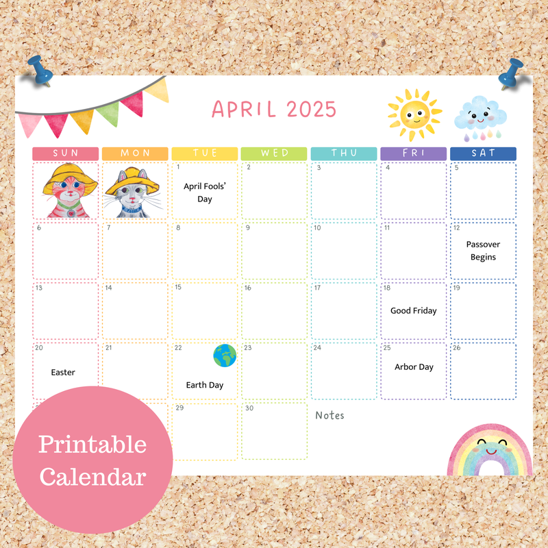 Oli Kids Co April 2025 Printable Calendar, Downloadable Calendar, Cat Calendar, Instant Download, Print at Home