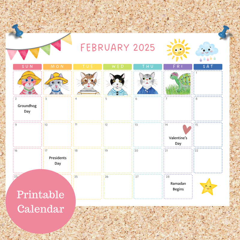 Oli Kids Co February 2025 Printable Calendar, Downloadable Calendar, Cat Calendar, Instant Download, Print at Home