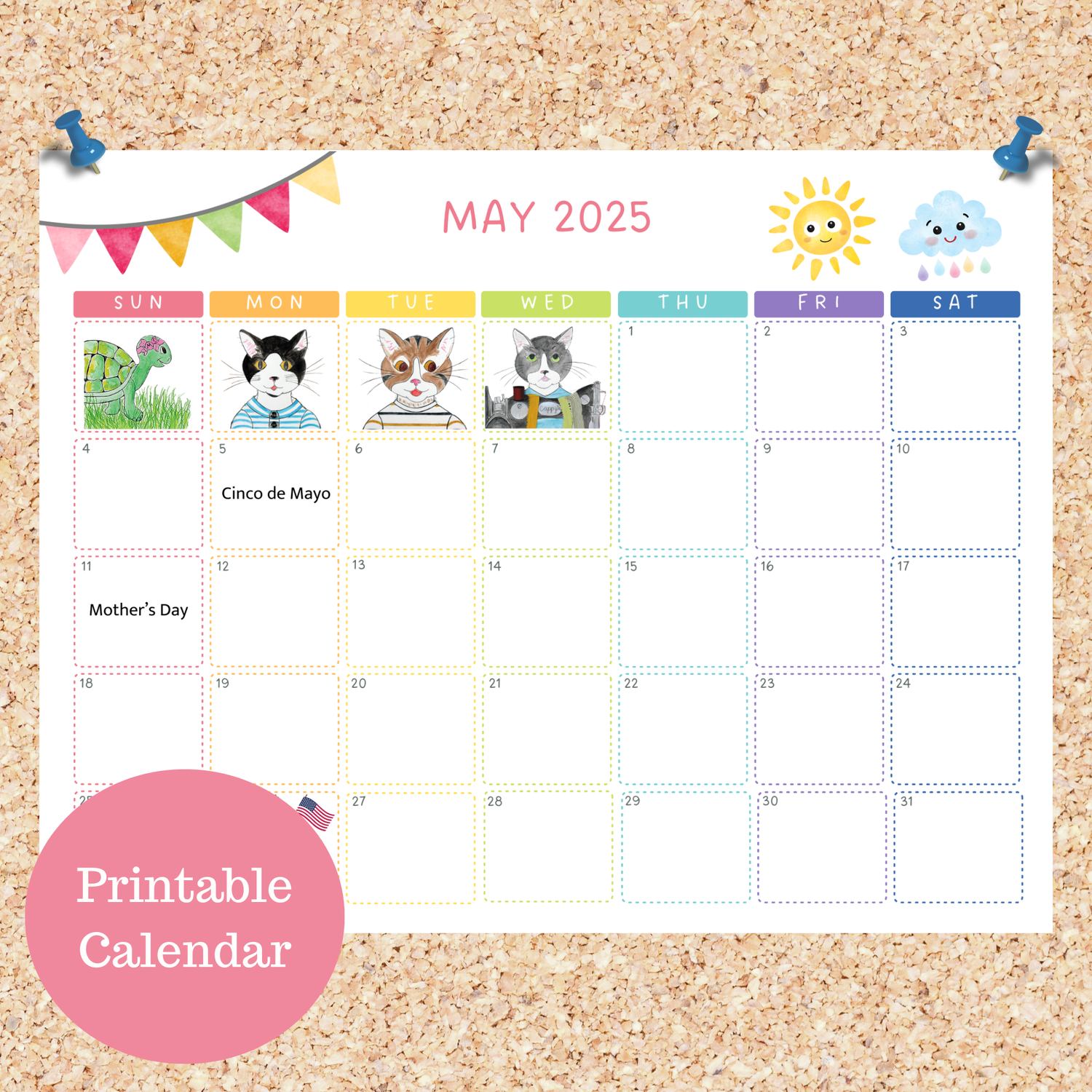 Oli Kids Co May 2025 Printable Calendar, Downloadable Calendar, Cat Calendar, Instant Download, Print at Home