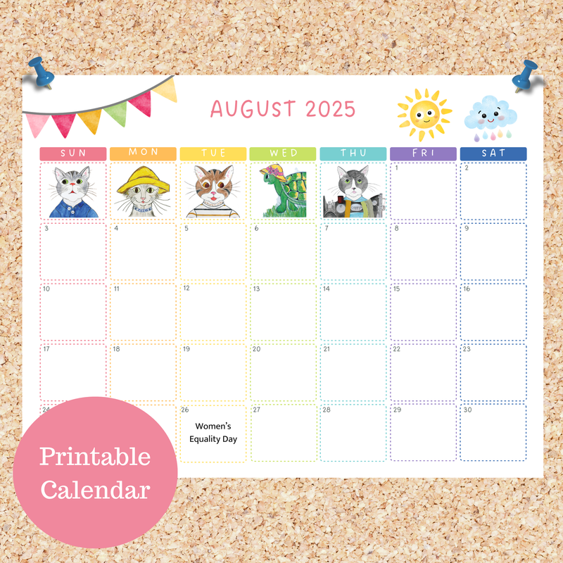 Oli Kids Co August 2025 Printable Calendar, Downloadable Calendar, Cat Calendar, Instant Download, Print at Home
